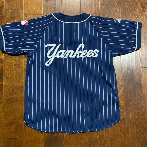STARTER Vintage 90s MLB New York Yankees Baseball Jersey Navy White Pinstripe L - Picture 6 of 9